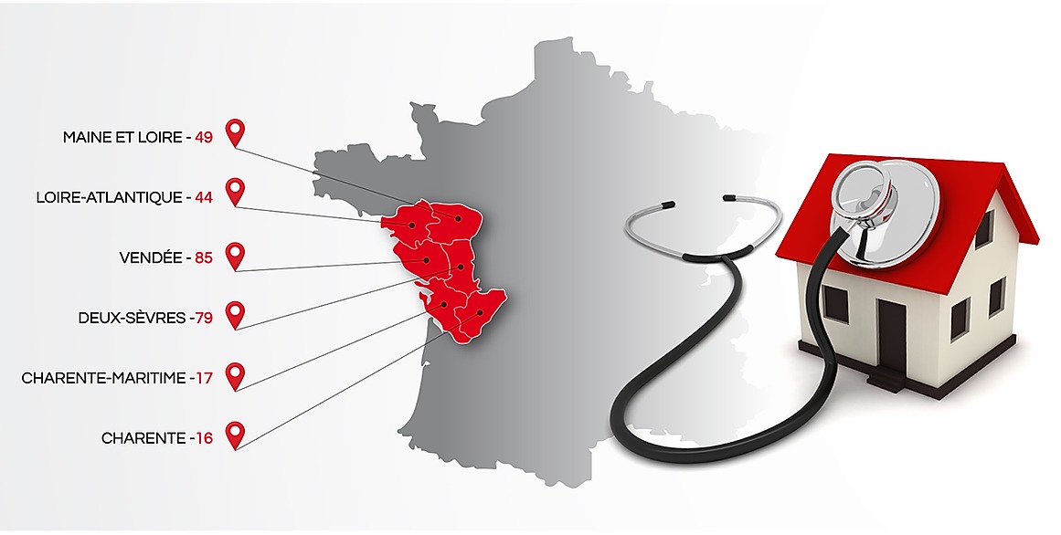 Carte des zones d'intervention d'Iso-Renov qui sont la Charente-Maritime, la Charente, la Vendée, les Deux-Sèvres, la Loire-Atlantique, et le Maine-et-Loire