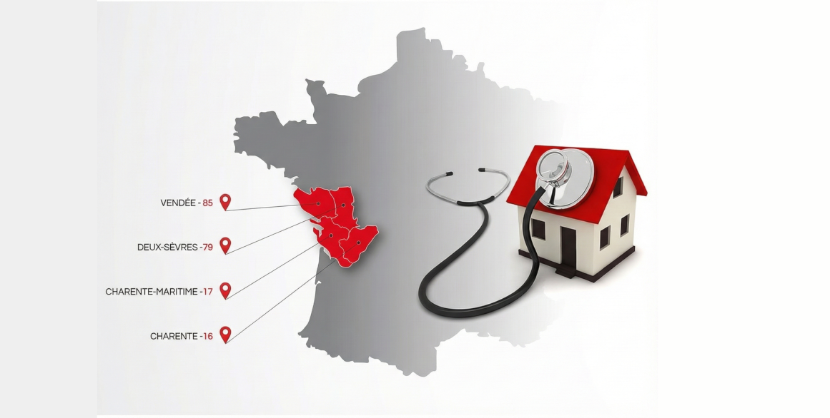 Carte des zones d'intervention d'Iso-Renov qui sont la Charente-Maritime, la Charente, la Vendée et les Deux-Sèvres.